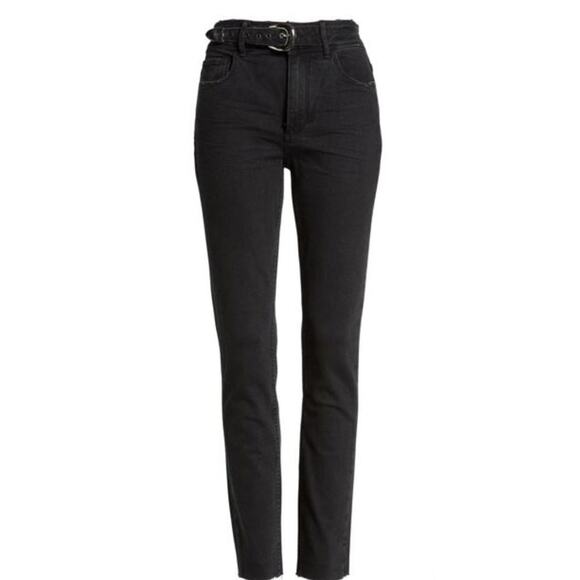 Paige Hoxton Belted High Waist Raw Hem Ankle Peg Black Jeans, Size: 30, NWT